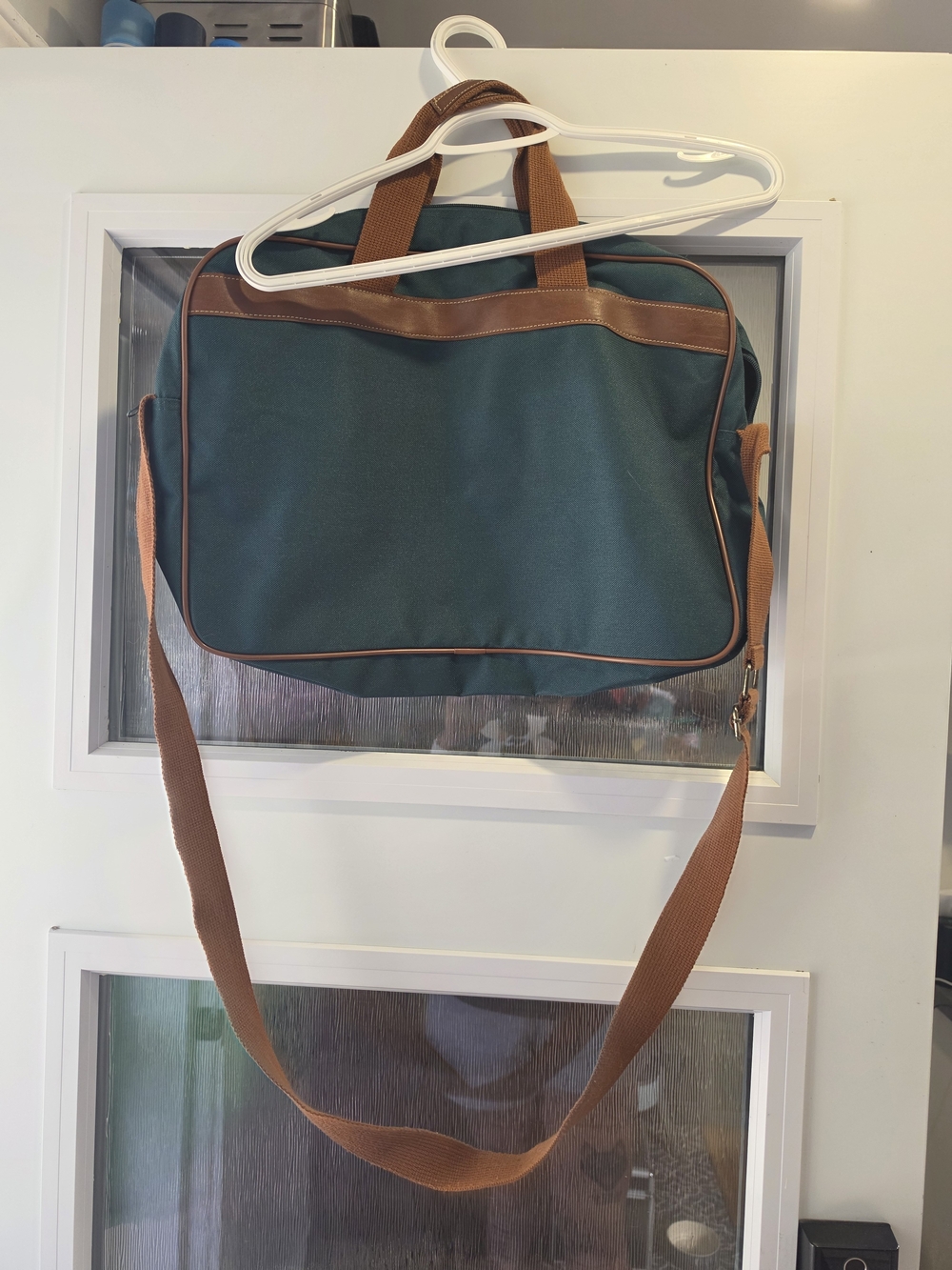Unisex Dark Green Canvas Shoulder Bag with Brown Trim - Ralph Lauren